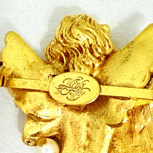 Rare Kirk's Folly Cherub Angel w/Rhinestone Heart Gold-Tone Angel Brooch - Picture 8 of 8